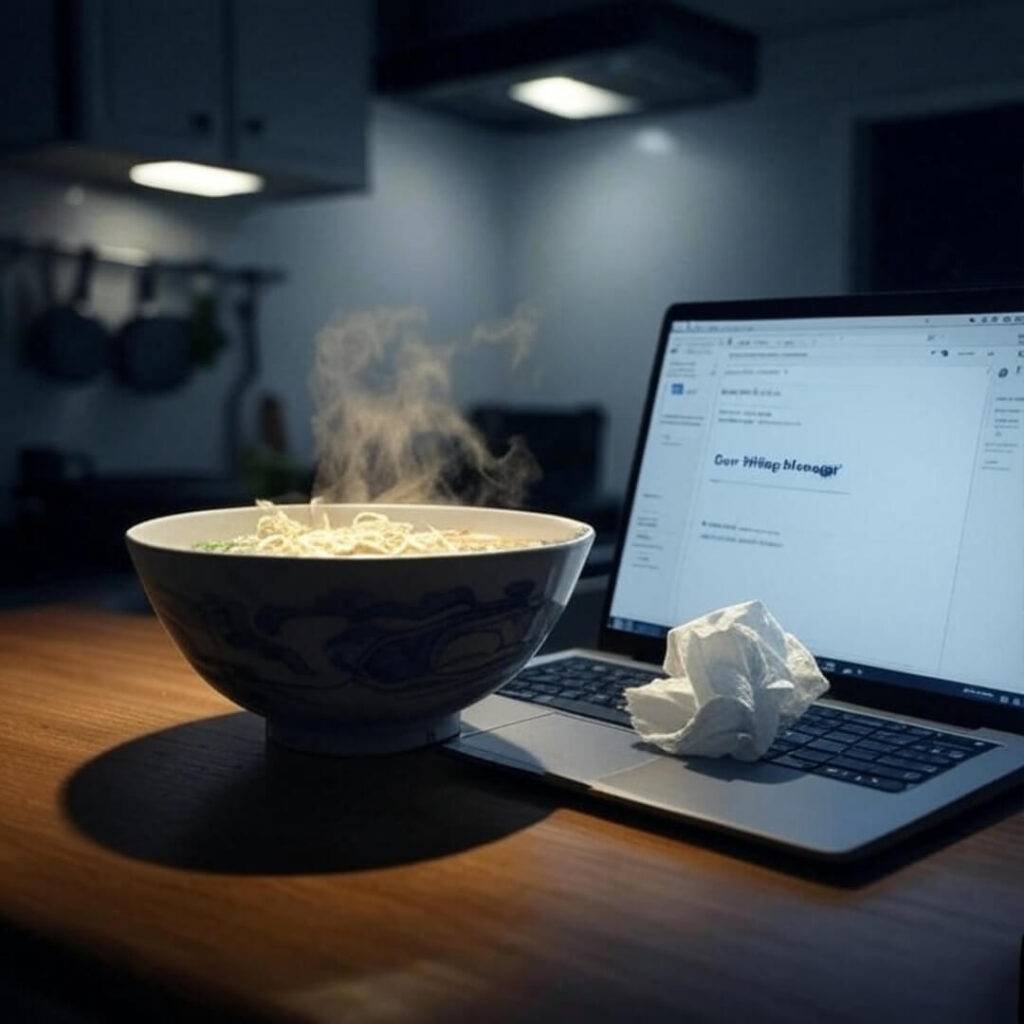 A high-resolution shot of a dimly lit kitchen counter at night, featuring a steaming ramen bowl, a crumpled tissue, and a laptop displaying an email with “Dear Hiring Manager” on the screen, captured at a slightly wonky angle. Caption: “My 3 a.m. ramen sob-fest—where I learned to keep going.”