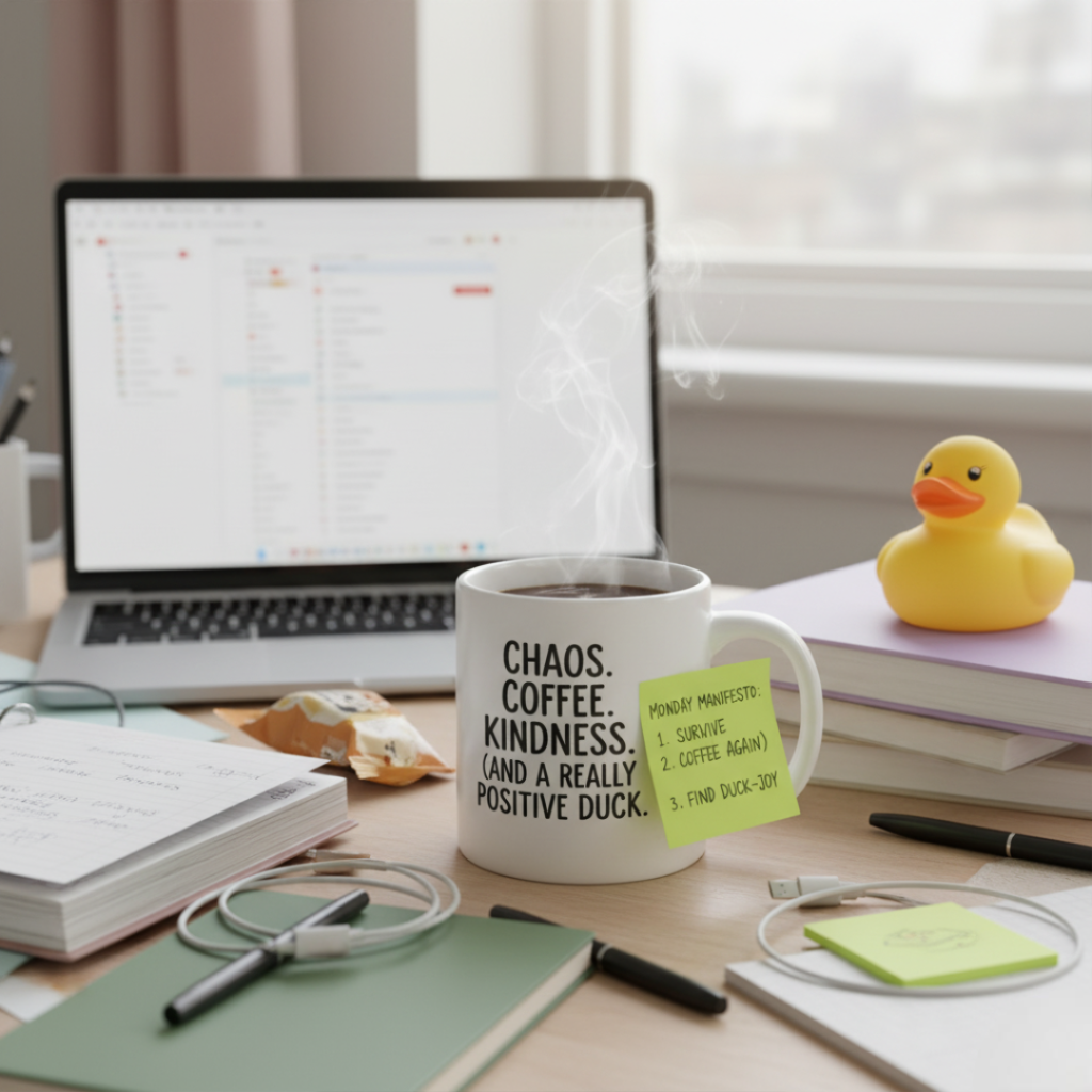 A chaotic home office desk features a laptop displaying an overwhelming inbox, a steaming coffee mug with a witty quote, and a neon sticky note listing "PRIORITY: SURVIVE." A small rubber duck rests on a pile of books, adding a quirky touch to the messy scene.