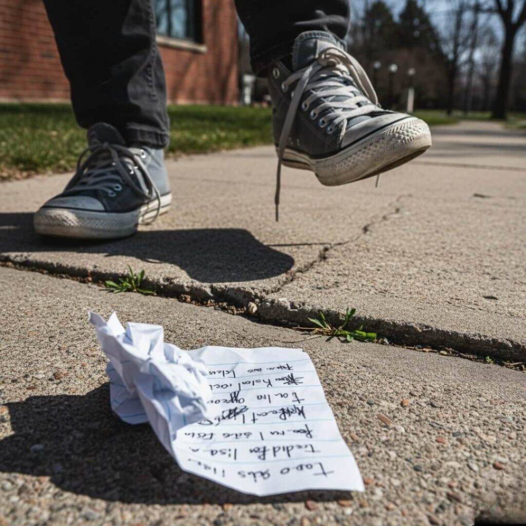 A shaky, off-angle shot of sneakers tripping over a sidewalk crack, with a crumpled to-do list on the ground.