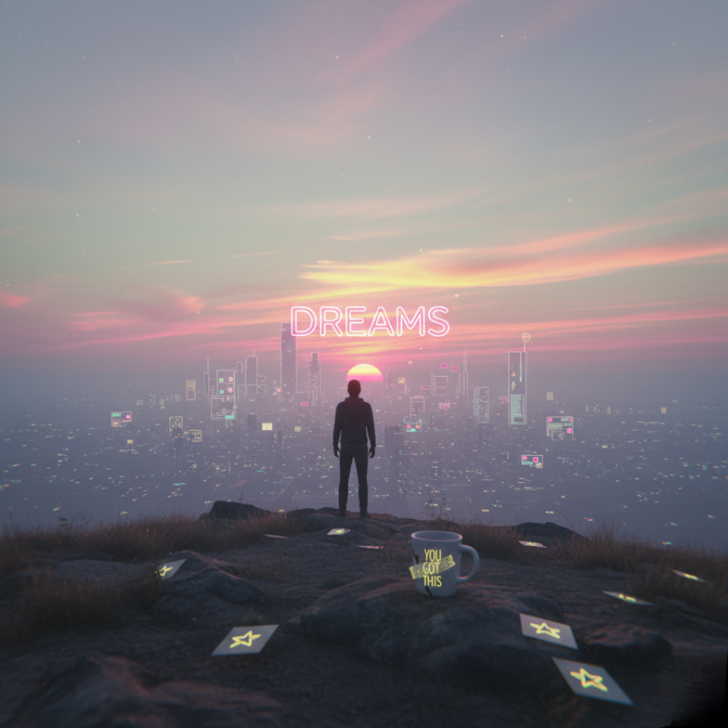 A solitary figure stands on a rocky hilltop at dawn, gazing at a futuristic cityscape illuminated with neon lights under a pastel sky. The word "DREAMS" glows in neon above the city, and a cracked coffee mug with "You Got This" sits on the ground nearby.