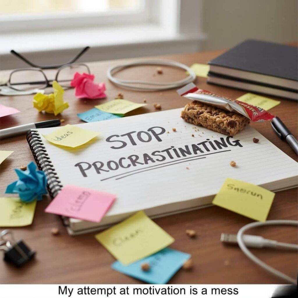 A blurry, close-up photo of a notebook with "STOP PROCRASTINATING" written in smudged marker, surrounded by colorful Post-it notes and a half-eaten granola bar on a wooden desk.
