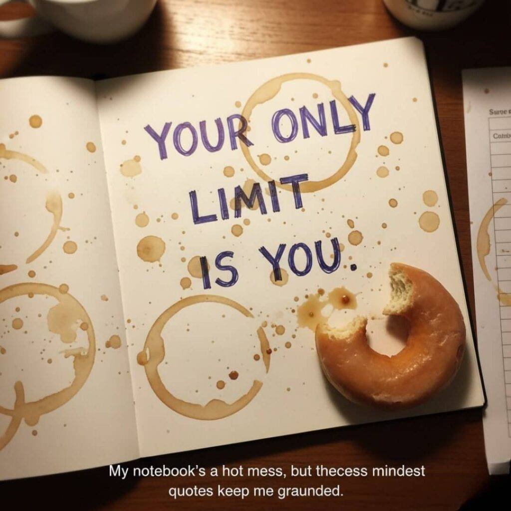 A shaky phone photo of an open notebook with a smudged success mindset quote, numerous coffee stains, and a half-eaten donut in the corner.