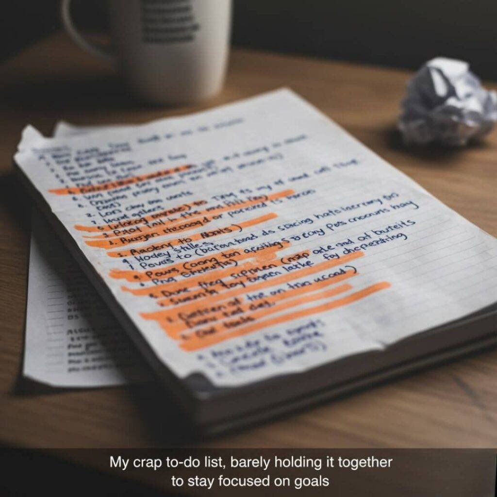 A blurry close-up of a dog-eared notebook with a messy, blue-penned and orange-highlighted to-do list, appearing barely held together.