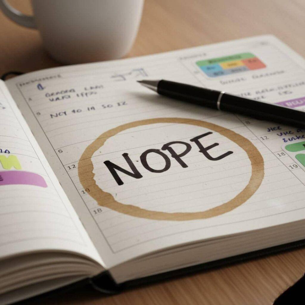 Close-up of an open planner page with the word "NOPE" boldly scrawled in marker, encircled by a prominent coffee cup stain. A pen rests on the page, and a coffee cup is partially visible in the background.