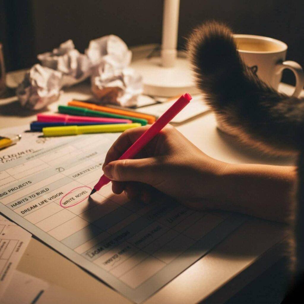 Alt Text: A grainy, candid close-up image shows a hand gripping a neon pink pen, circling the goal "WRITE NOVEL" on a worksheet under the "DREAM LIFE VISION" section. A cat's fluffy tail is visible in the foreground, photobombing the shot, with crumpled paper and colorful pens in the background.