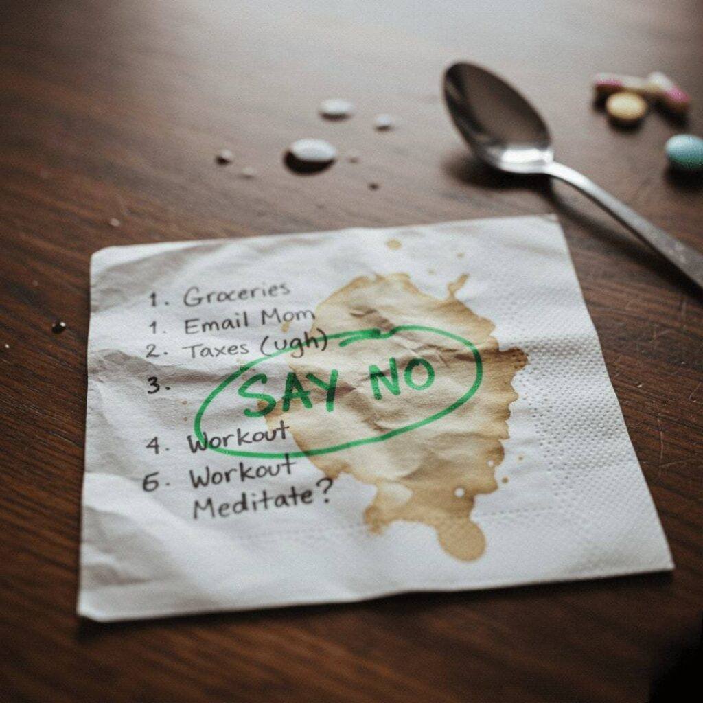 Alt Text: A close-up, top-down image of a crumpled, coffee-stained napkin on a wooden table. A handwritten to-do list is visible, with "SAY NO" sloppily circled in green pen. A spoon and a few colorful pills are visible in the background.