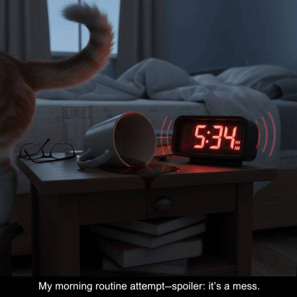 A slightly askew shot of a bedside table at 5:34 a.m., featuring a buzzing alarm clock, a spilled coffee mug, and the orange tail of a cat.