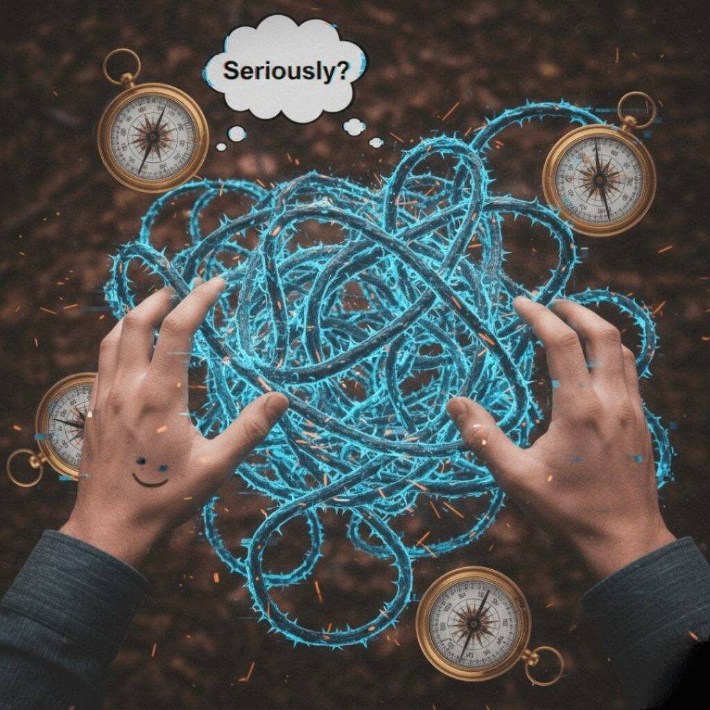 First-person view of hands attempting to untangle glowing electric-blue thorny vines, surrounded by floating upside-down compasses, with glitch effects and a thought bubble reading "Seriously?".