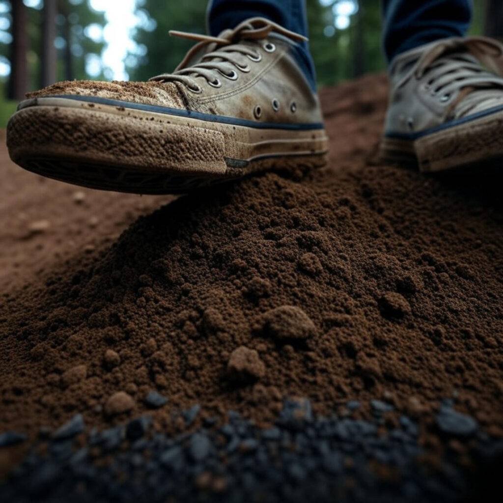 Scuffed sneakers caked in Colorado trail dirt, captured from a low angle as if tripped and snapped by accident, symbolizing stumbles toward growth, in a 1:1 ratio.