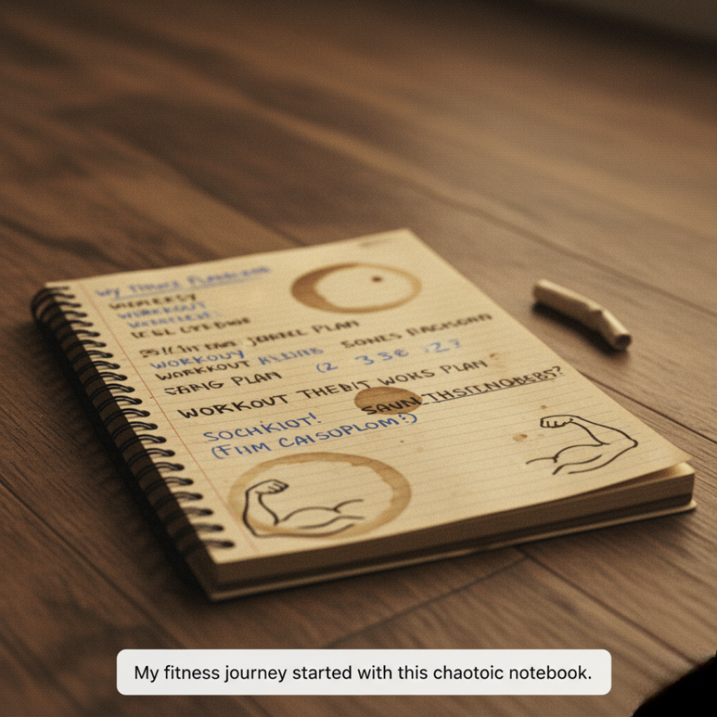 A close-up of a worn-out, spiral-bound notebook with scribbled workout plans and coffee stains, lying open on a wooden surface.