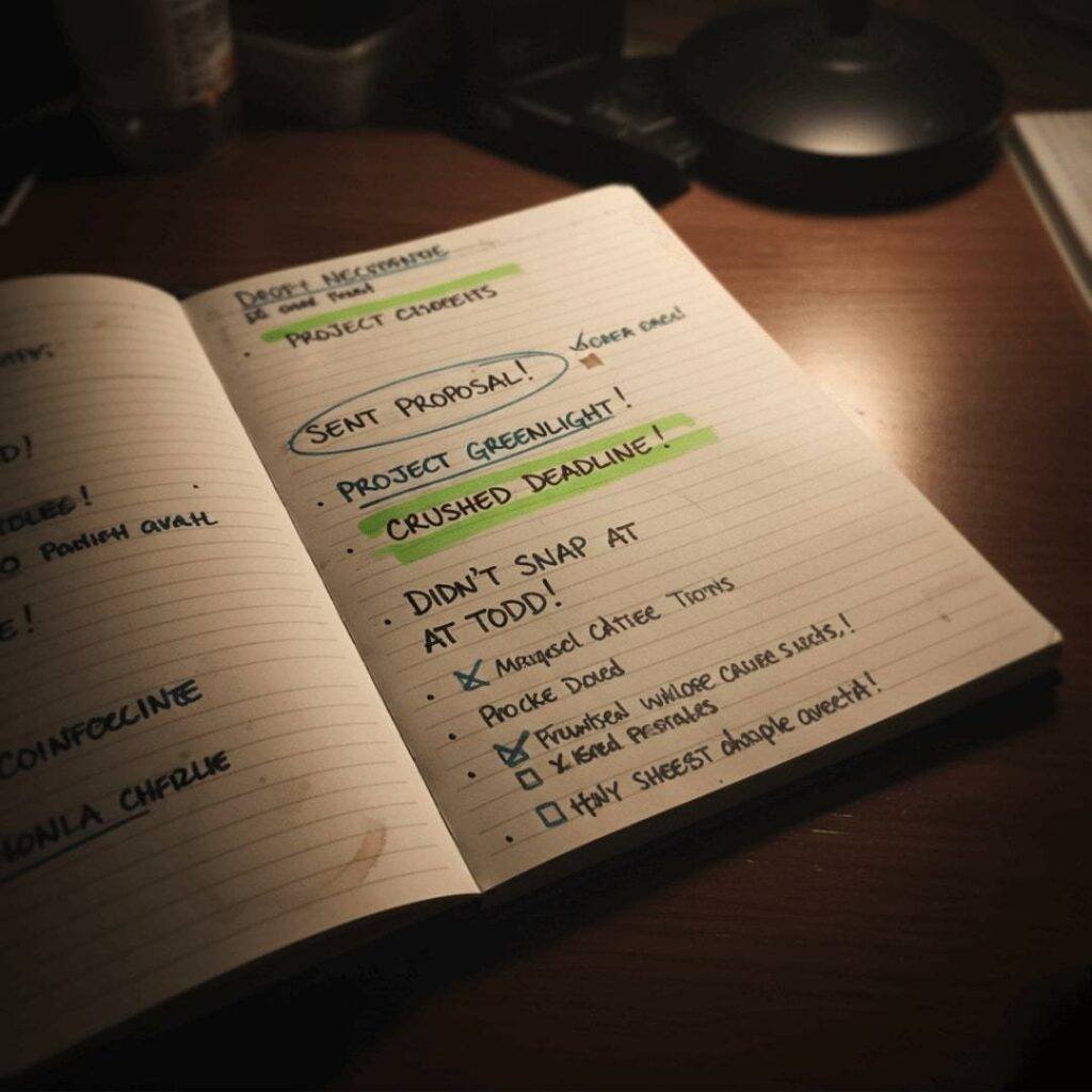 Notebook with handwritten work accomplishments.