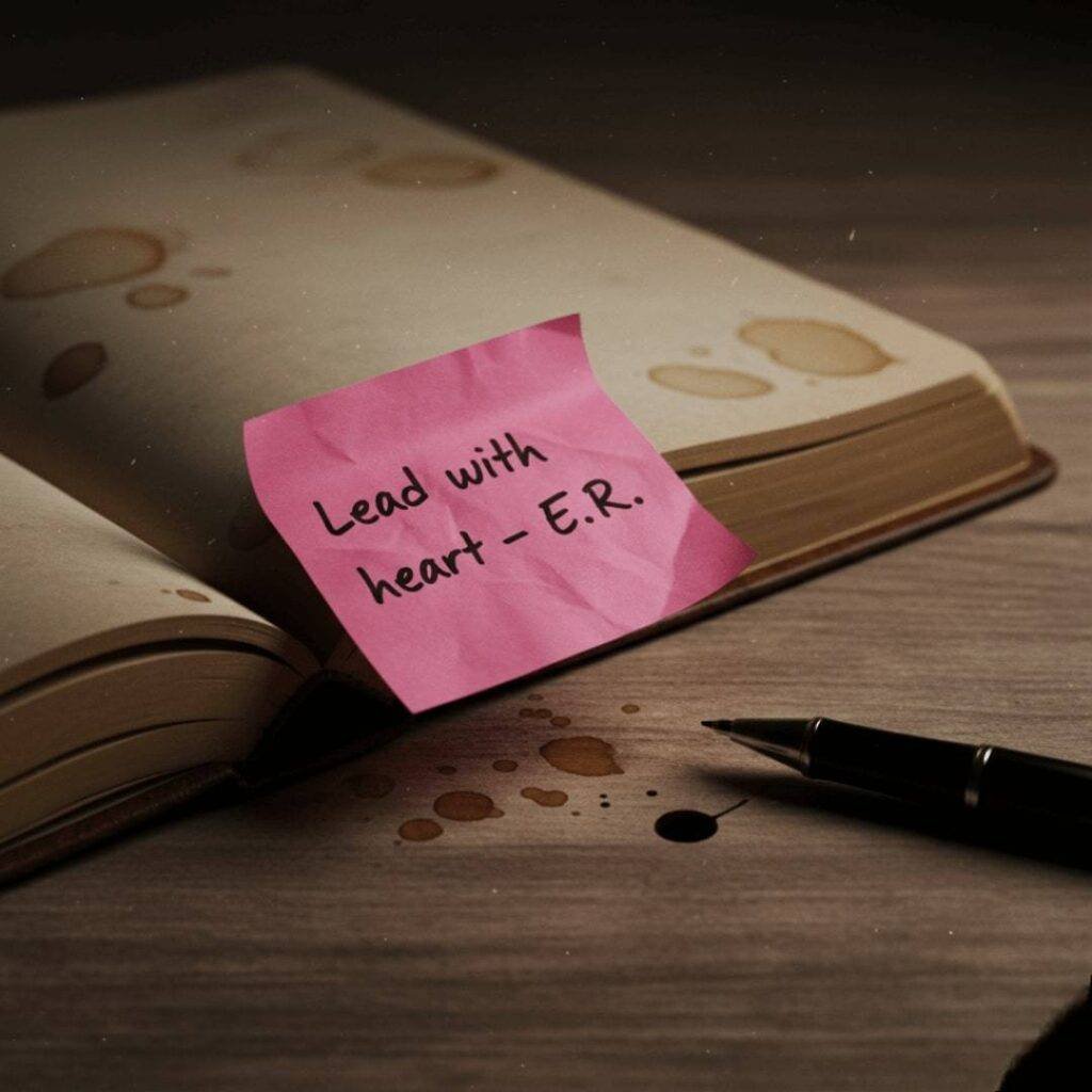 A high-resolution, gritty photorealistic close-up of a crumpled pink Post-it note with the quote "Lead with heart – E.R." stuck to a coffee-stained open journal. A leaky pen rests nearby, with an ink blot on the wooden surface.