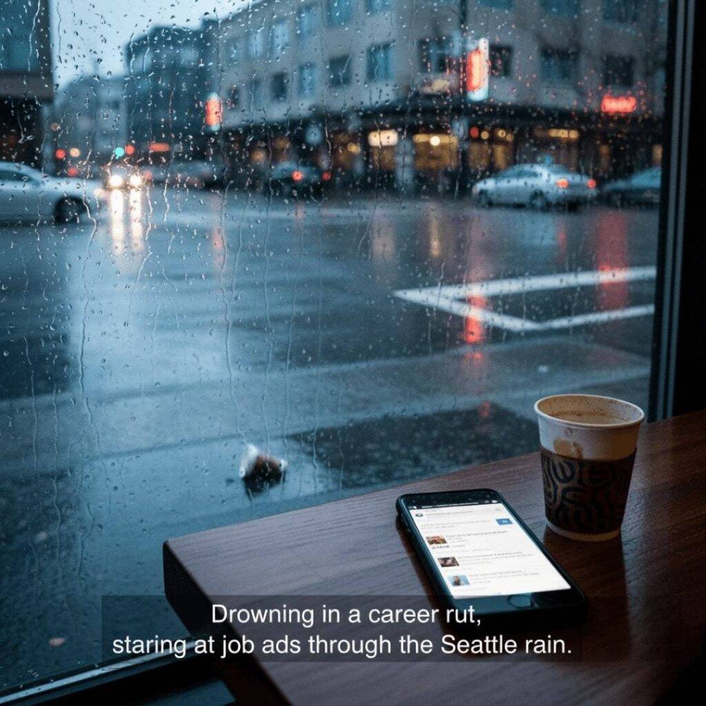 A phone displaying job search results sits on a coffee shop table, with a rainy Seattle street visible through the window.