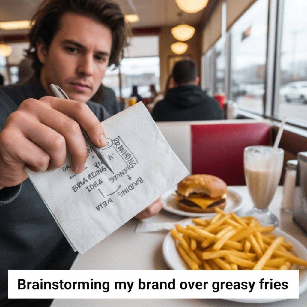 A man takes a shaky selfie in a noisy diner, holding up a napkin with brand ideas while a half-eaten burger sits on the table.