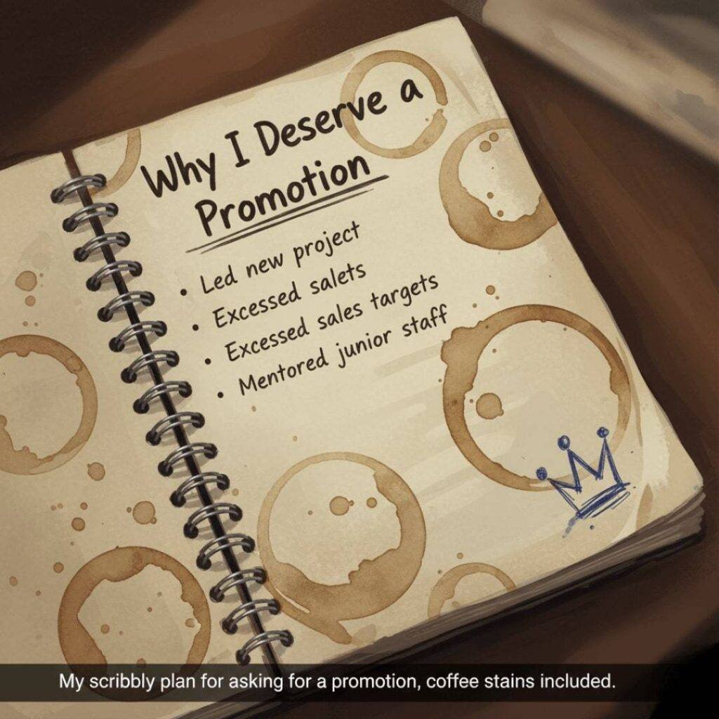 A tilted, impressionistic digital painting of a notebook open to a page titled "Why I Deserve a Promotion," with coffee stains and a smudged doodle of a tiny crown.