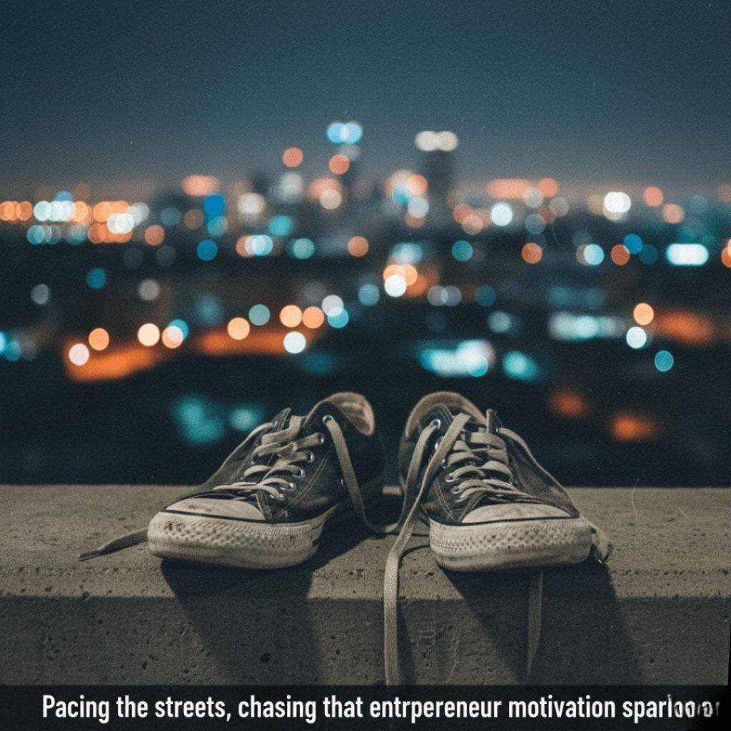 A close-up image of a pair of scuffed sneakers resting on a ledge, with a blurred city skyline at night in the background. The image has a grainy, urban documentary feel. The caption below reads: "Pacing the streets, chasing that entrepreneur motivation spark."