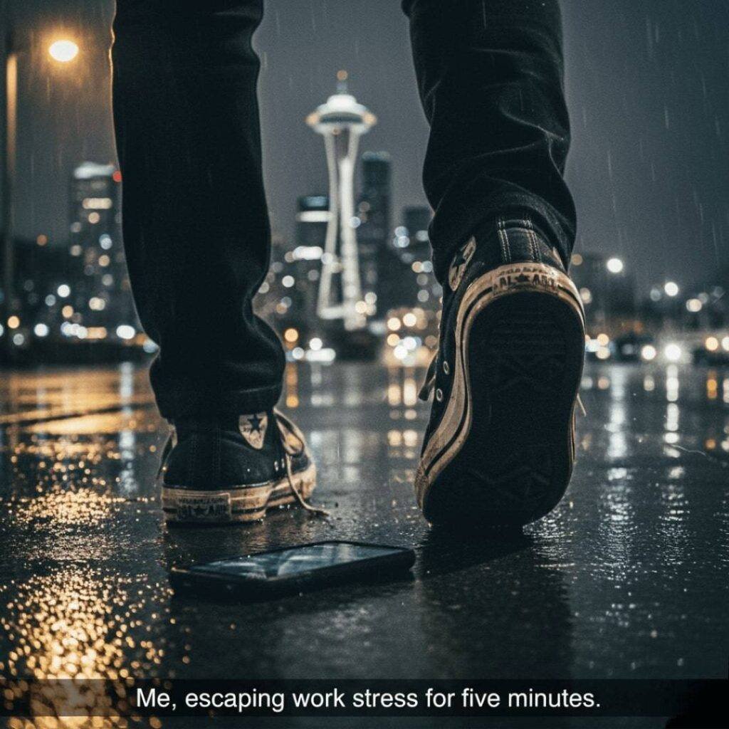 A low-angle shot of a person's feet in beat-up Converse sneakers pacing a wet sidewalk in the rain. A smartphone lies on the wet ground in the foreground. In the background, Seattle's fuzzy skyline, including the Space Needle, is visible. The image has a gritty urban realism style. The caption below reads: "Me, escaping work stress for five minutes."