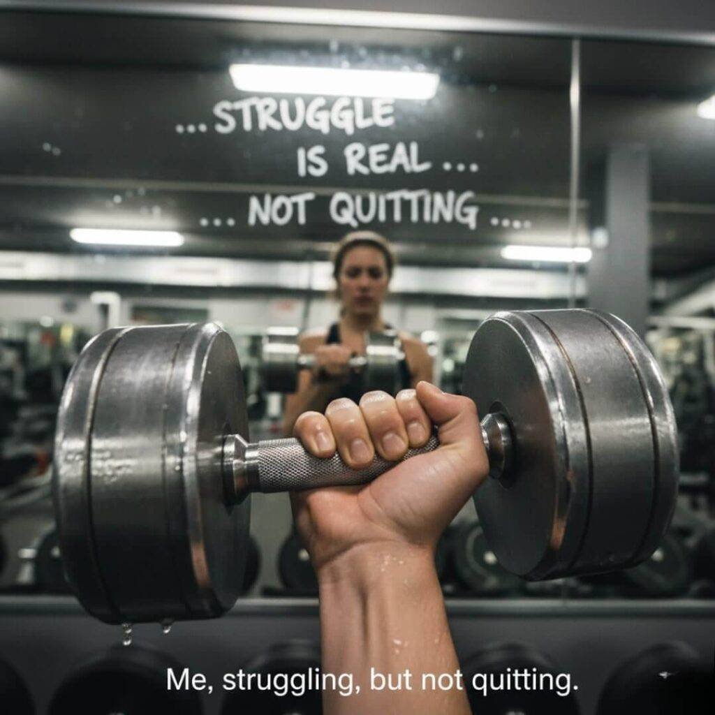 A first-person, slightly wonky shot of a sweaty hand gripping a heavy dumbbell, with a gym mirror reflecting a blurred female figure in the background and a partially visible quote scrawled on the mirror that reads "...STRUGGLE IS REAL... ...NOT QUITTING...." The caption "Me, struggling, but not quitting." is at the bottom.