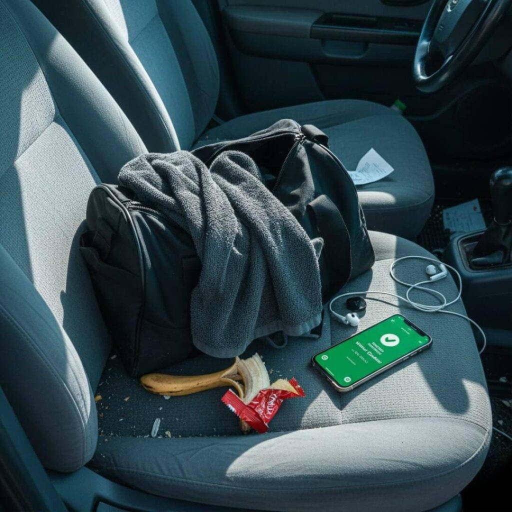 A messy gym bag, sweaty towel, protein bar wrapper, and a phone displaying a workout app are scattered on a car seat.