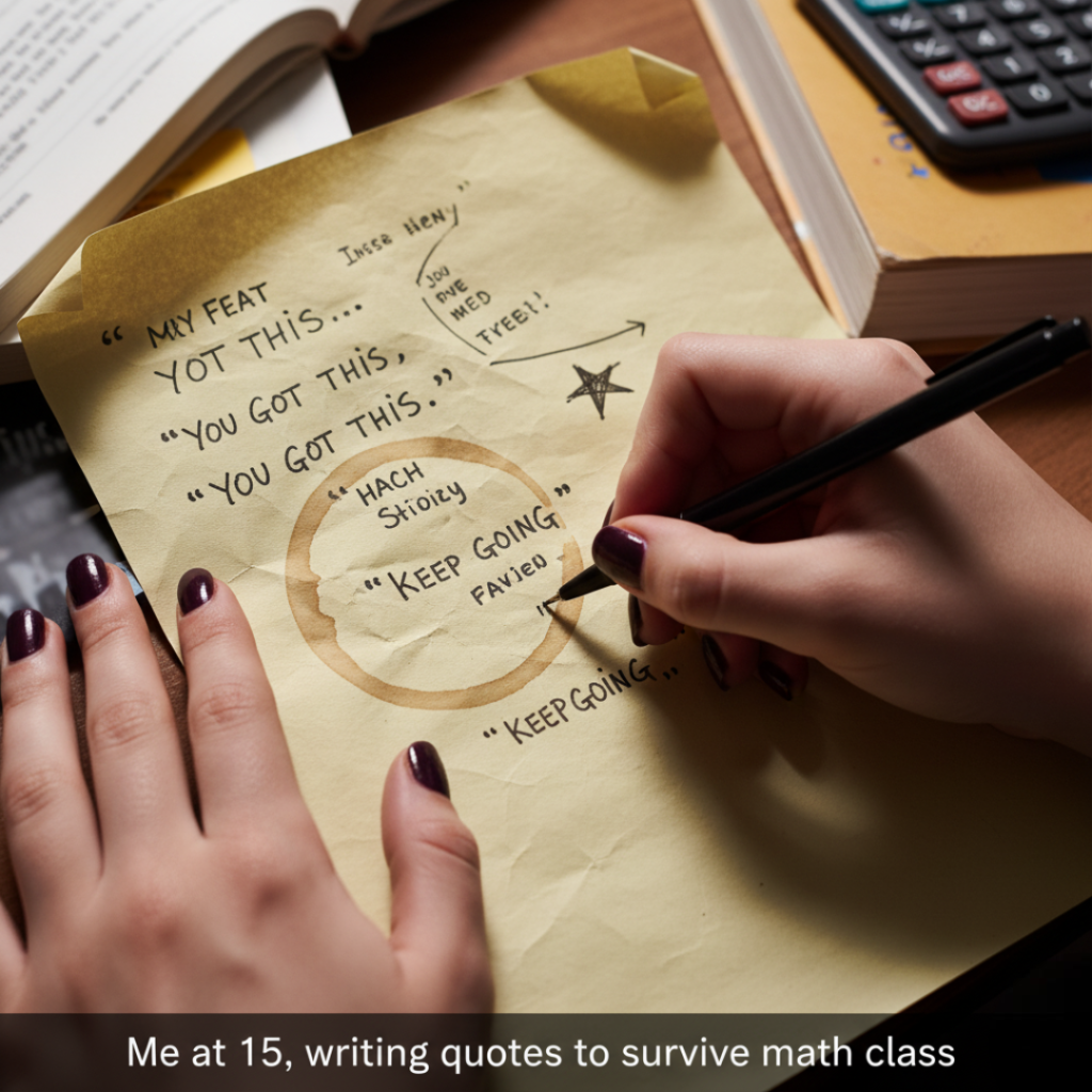 A close-up, overhead shot of hands with chipped nail polish scribbling quotes on a wrinkled piece of paper with a visible coffee ring.