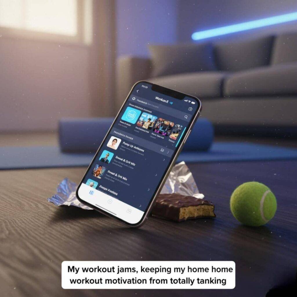 A phone showing a workout playlist leans on a crumpled wrapper next to a half-eaten protein bar and a tennis ball, all on a wooden floor in a home setting