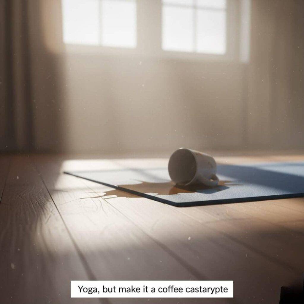 A crooked shot of a yoga mat on a scratched hardwood floor, with a knocked-over coffee mug creating a brown stain, and sunlight filtering through a dusty window.