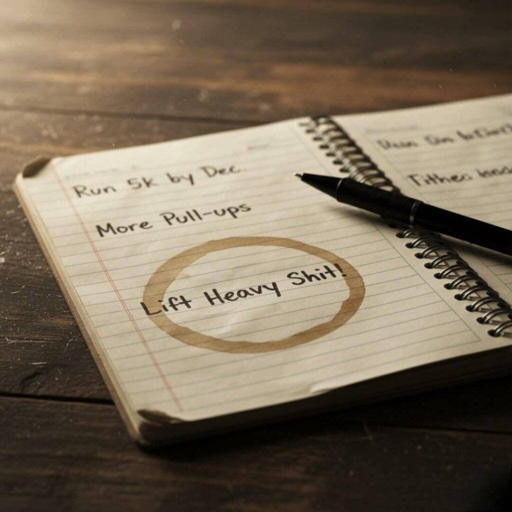 A close-up of a tattered spiral notebook with handwritten fitness goals, a prominent coffee stain, and a pen resting on the page.