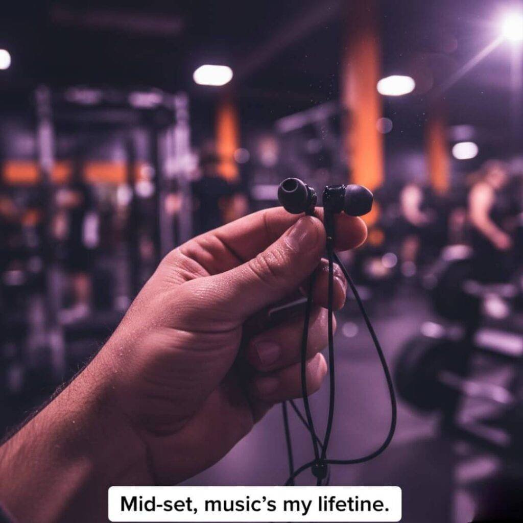 A close-up, wonky-angled image of a sweaty hand fumbling with earbuds mid-lift, with blurry gym equipment in the background, dominated by a purple-orange color palette.