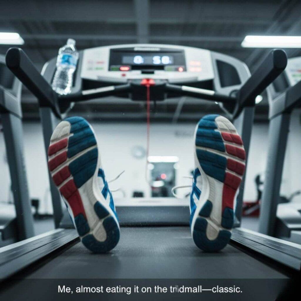 Running shoes on a treadmill, with a water bottle tipping over in the background.