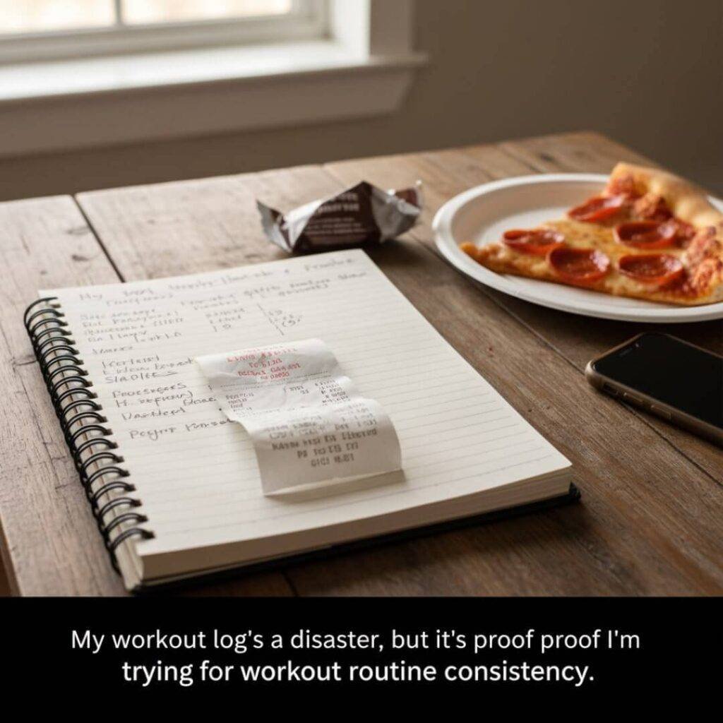 "A spiral-bound notebook with smudged ink and a pizza receipt on a wooden coffee table, next to a half-eaten slice of pizza and a smartphone. Text overlay reads: 'My workout log’s a disaster, but it’s proof I’m trying for workout routine consistency.'"
