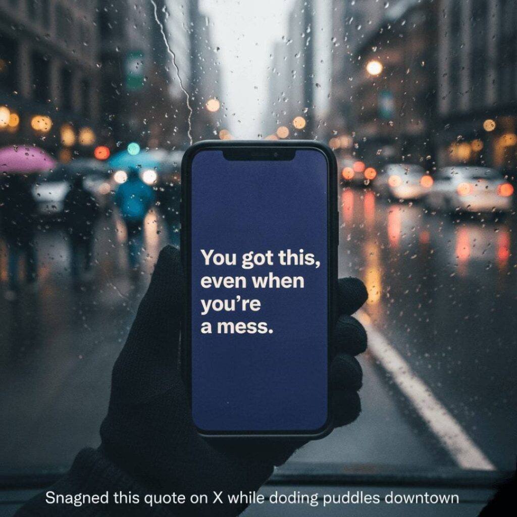 A gloved hand holds a phone displaying the quote "You got this, even when you're a mess." The background shows a blurry, rainy street scene with cars and people holding umbrellas.