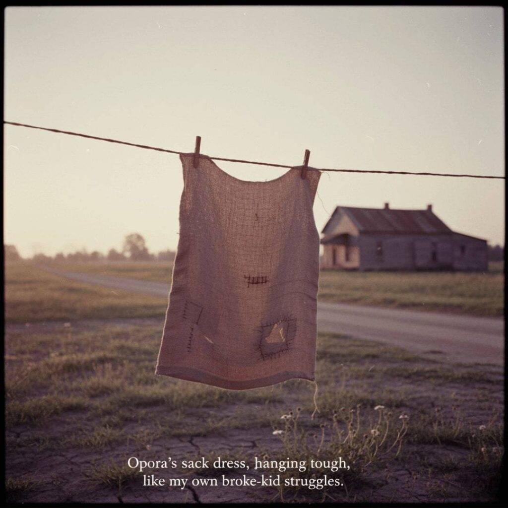 A patched potato sack dress on a clothesline at sunrise, with a rural house in the background.