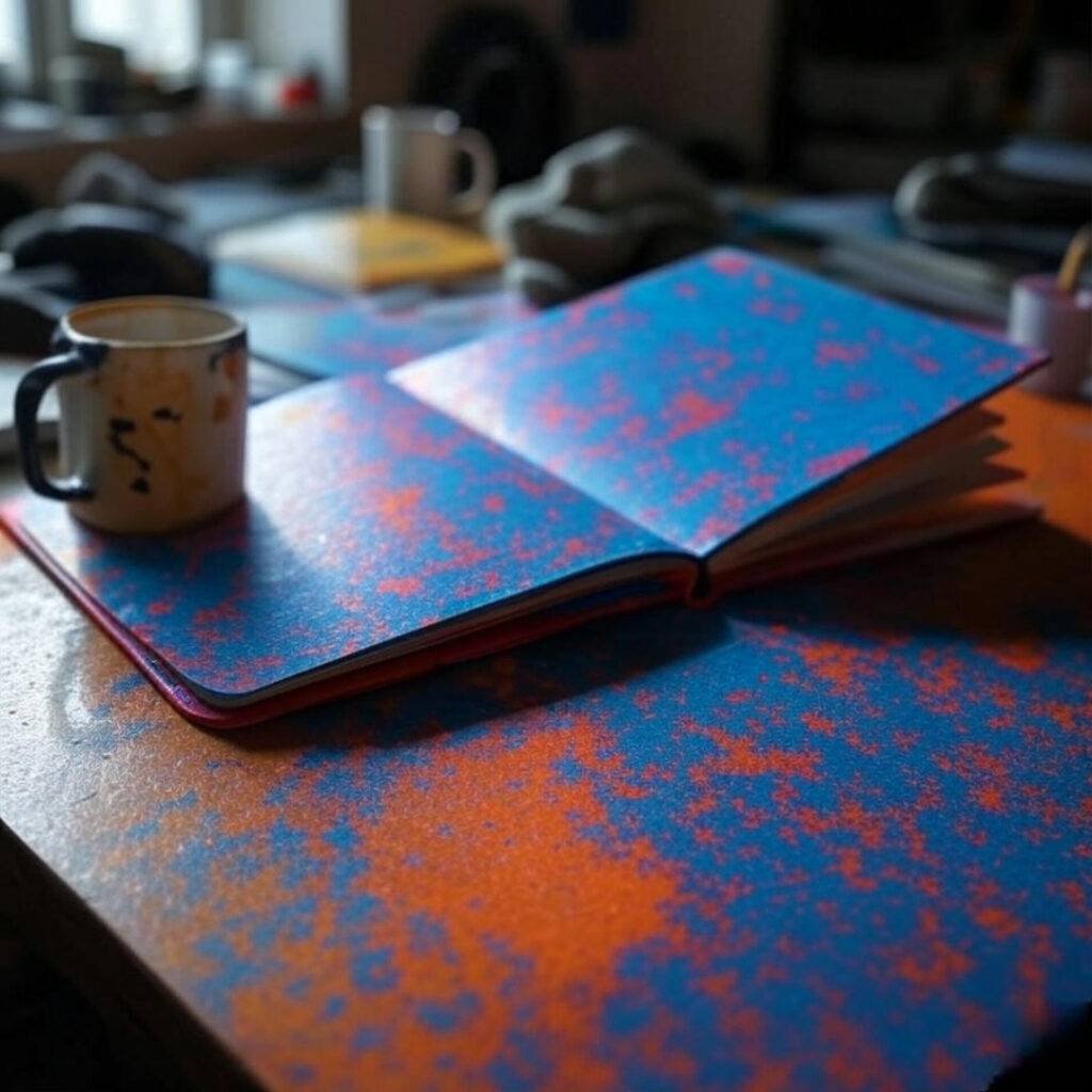 A raw, photorealistic image of a neon-scribbled planner on a messy desk, featuring a chipped mug and a stray sock, with a warm amber and navy palette reflecting chaotic mornings, the planner shining as a hopeful beacon amidst the mess,