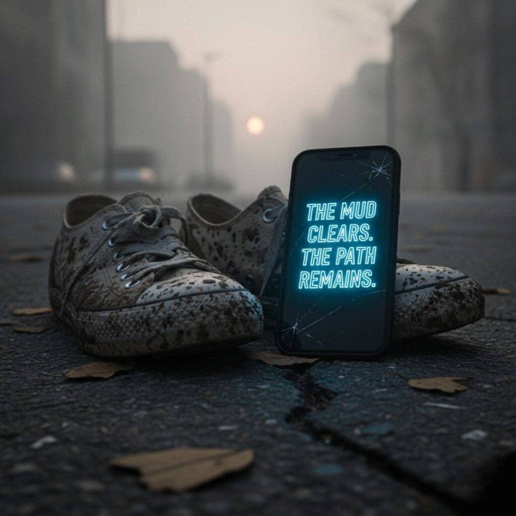 Muddy sneakers on asphalt next to a phone displaying a glowing quote.