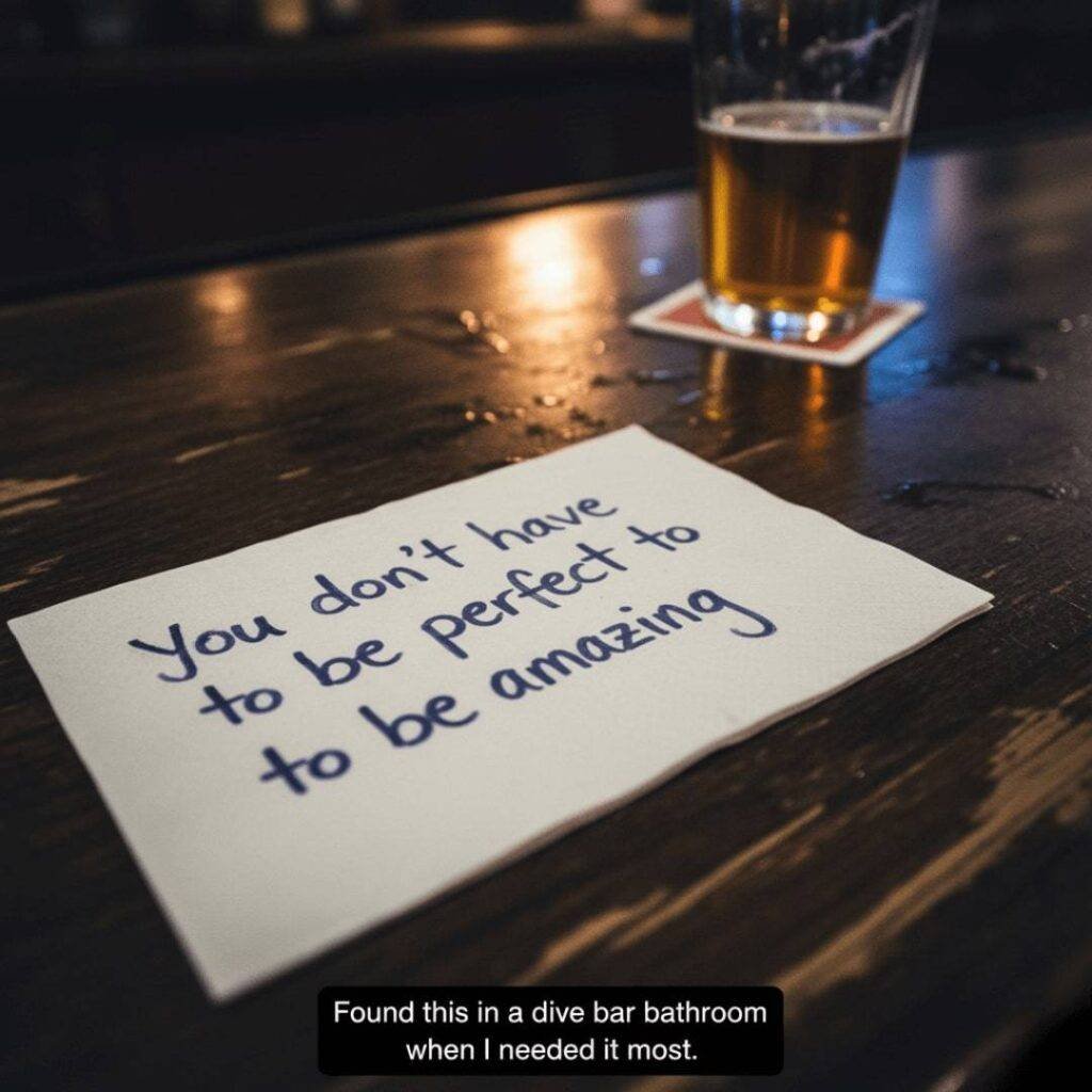 Crumpled napkin with "You don't have to be perfect to be amazing" on a sticky bar counter.