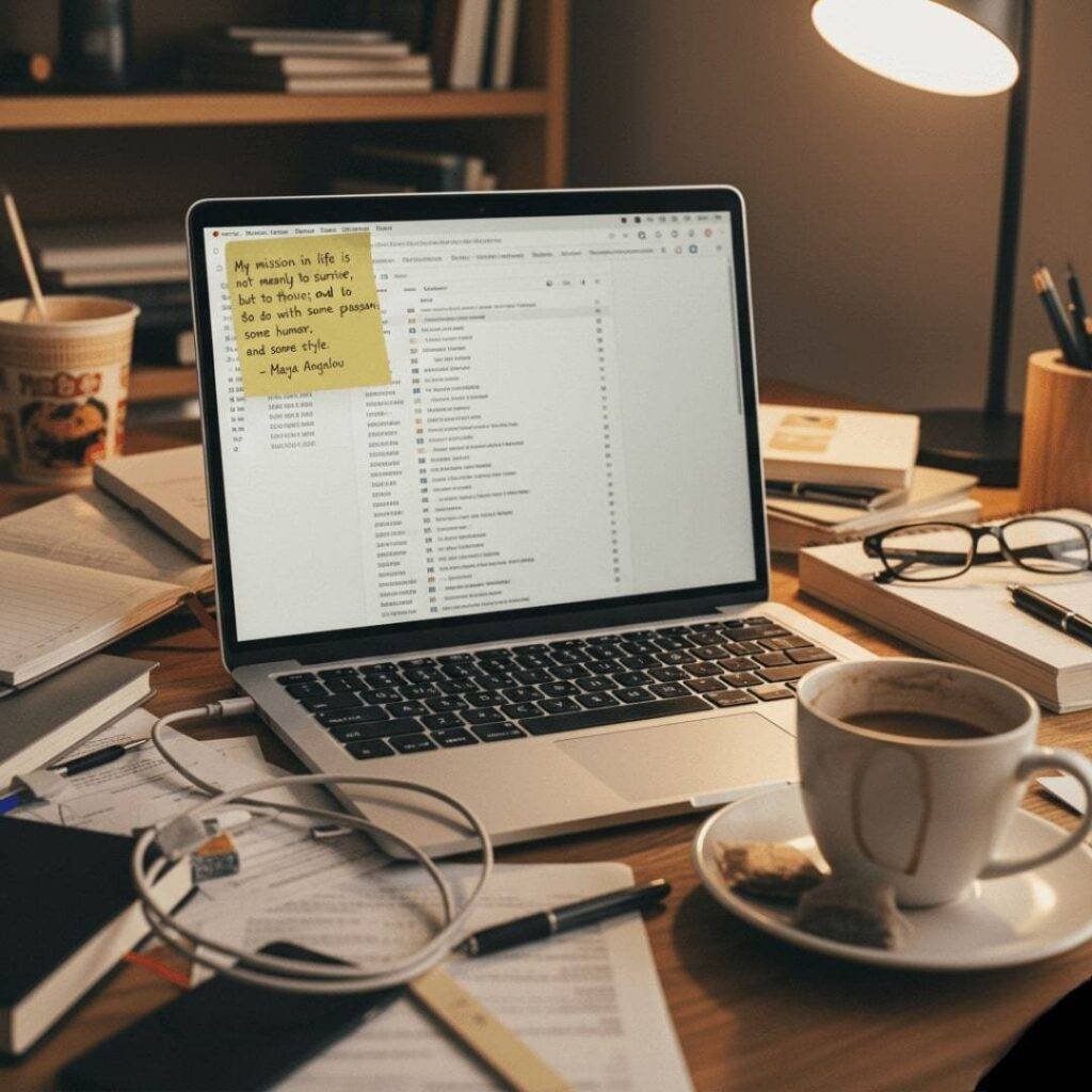 Cluttered desk with laptop displaying a chaotic inbox, coffee-stained mug, and a sticky note with a Maya Angelou quote.