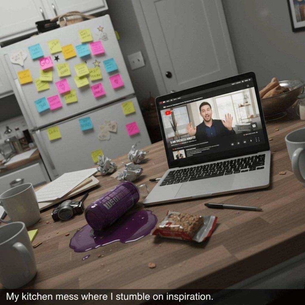 A messy kitchen counter with a laptop, spilled energy drink, and a fridge covered in sticky notes.