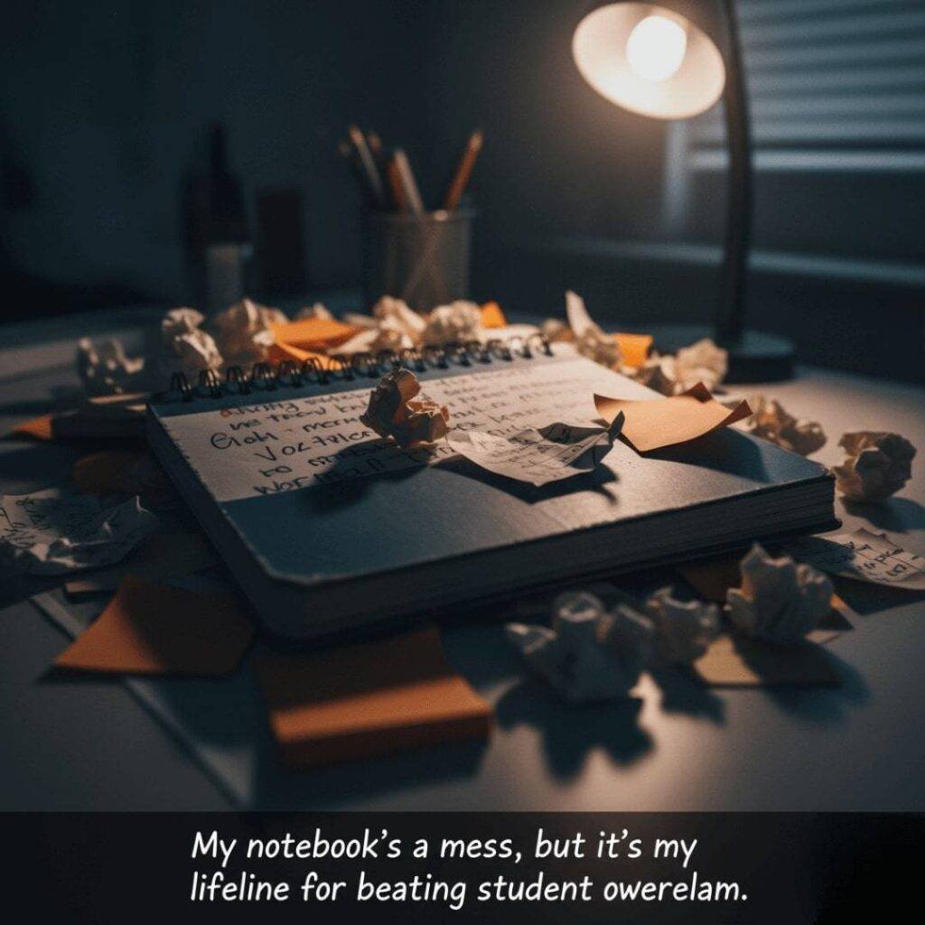 A messy notebook with jagged handwriting, surrounded by crumpled sticky notes under a flickering desk lamp.