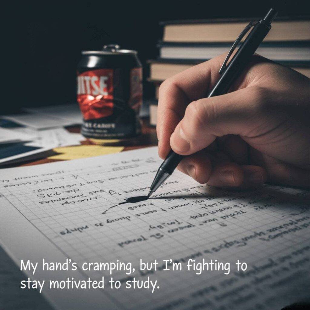 Hand scribbling with a pen, a crumpled energy drink can in the background.