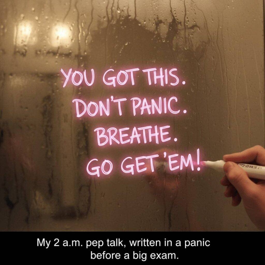 A steamy bathroom mirror with a neon pink message written on it.