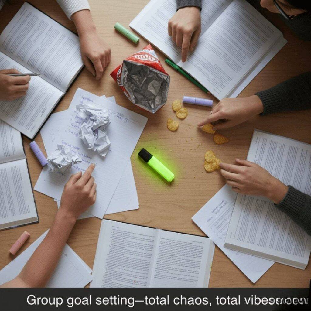 A wonky top-down shot of a study group's table with crumpled papers, chips, and a neon green highlighter.