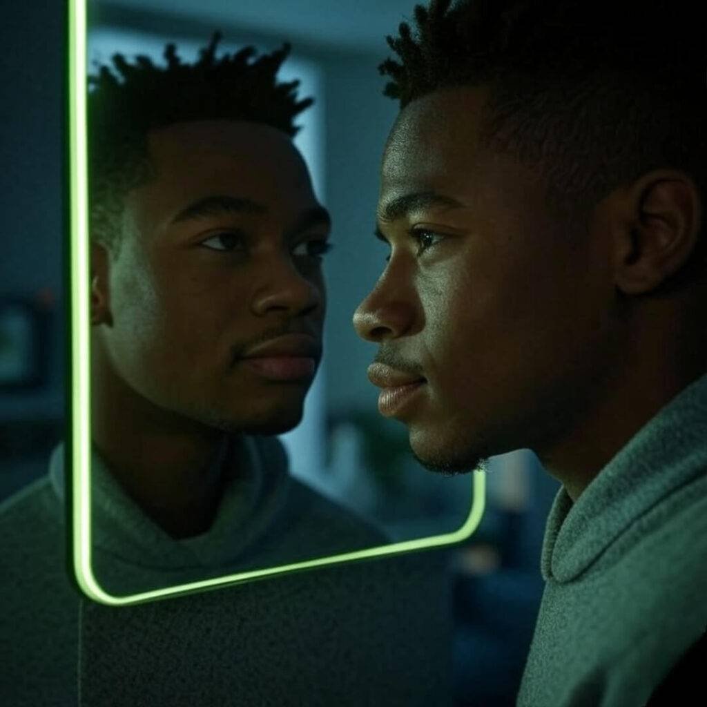 Slightly blurred photorealistic sketch of a person staring into a mirror with a neon-green frame, side angle showing a doubtful self versus a bold, smirking reflection, with a sly, humorous vibe.