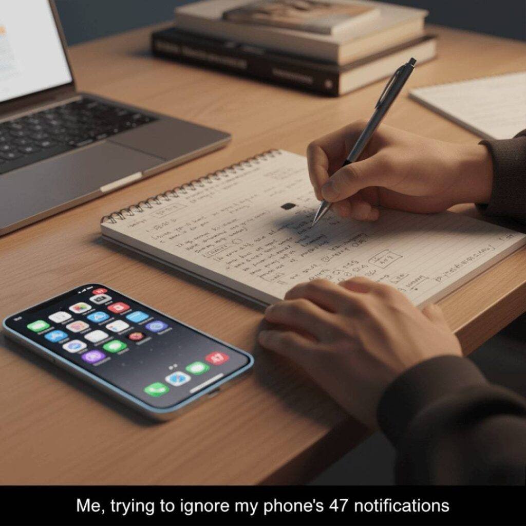 A close-up, slightly tilted shot of hands writing in a notebook, with a smartphone displaying numerous notifications lying on a wooden desk next to a laptop.