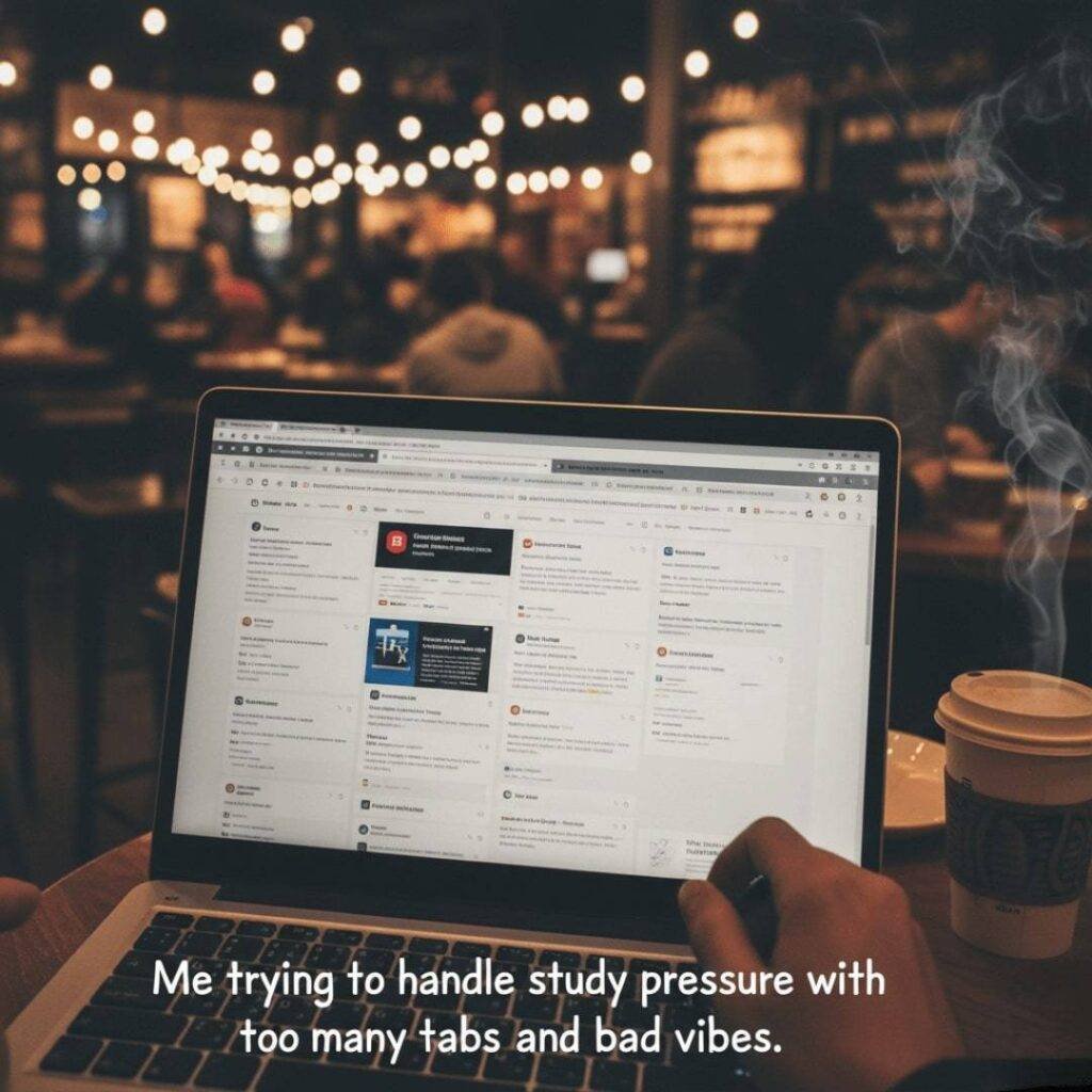 Laptop screen with 17 tabs open, coffee cup, and blurry coffee shop in the background.