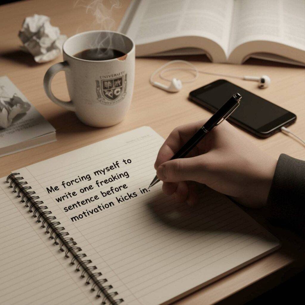 A student's hand writes a sentence in a notebook, with a chipped coffee mug and a face-down phone nearby.