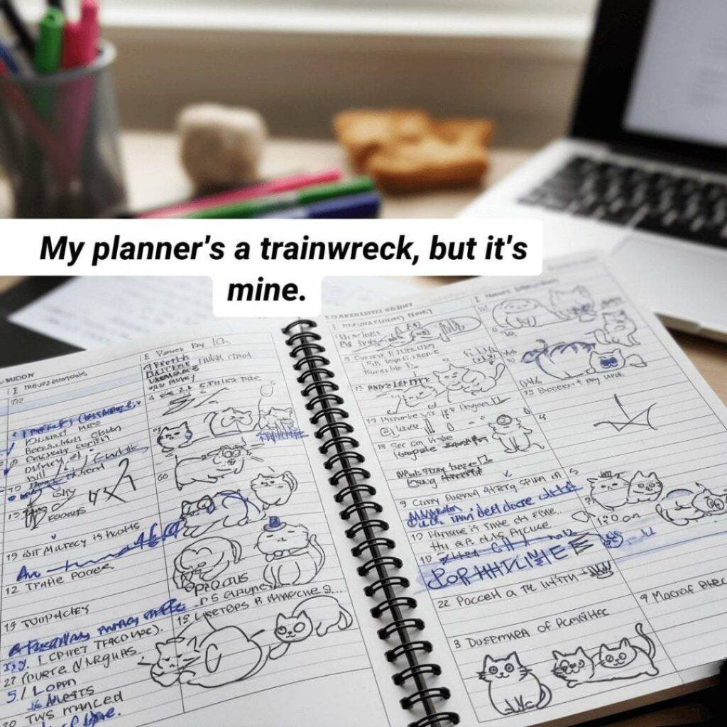 A messy planner with doodles of cats and smudged ink.