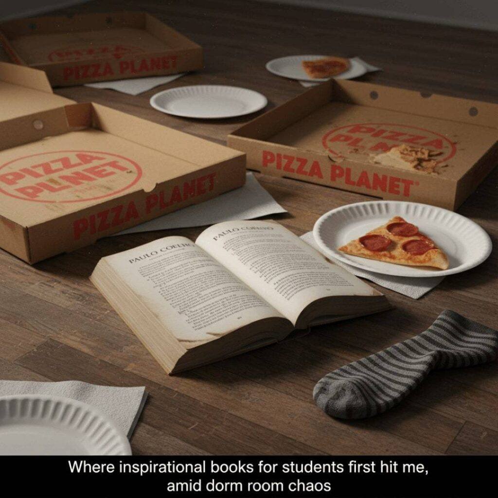 A tattered copy of "The Alchemist" open on a dorm room floor, surrounded by pizza boxes and a stray sock.
