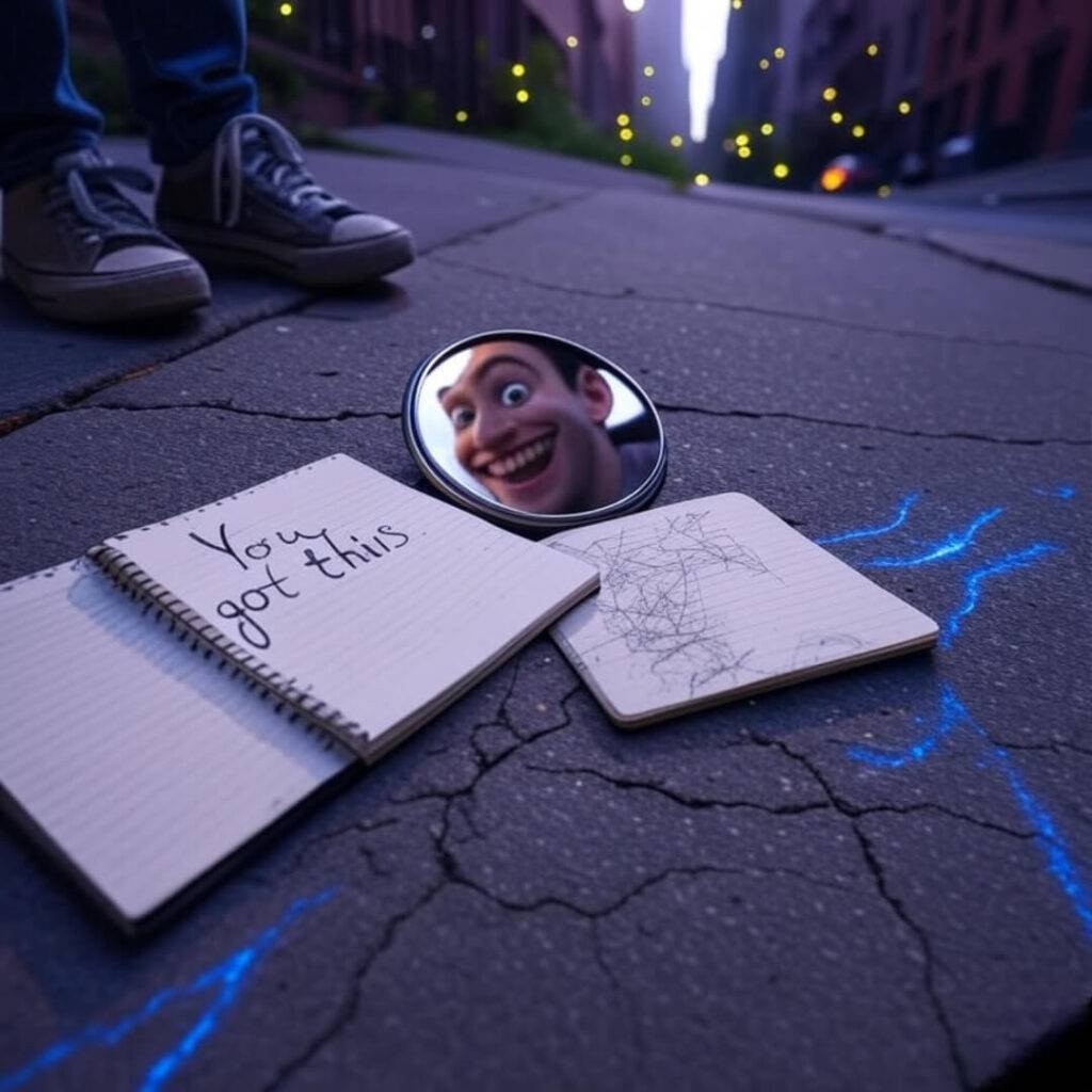 A low-angle shot of scuffed sneakers on a cracked NYC sidewalk, with a busted mirror reflecting a goofy grin, an open notebook with "You got this" in smudged ink, and faint fireflies glowing in muted purples, warm golds, and electric blue streaks.
