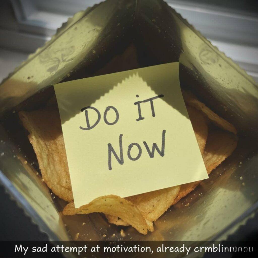 A sticky note reading "DO IT NOW" in smudged marker, partially buried under stale potato chips.