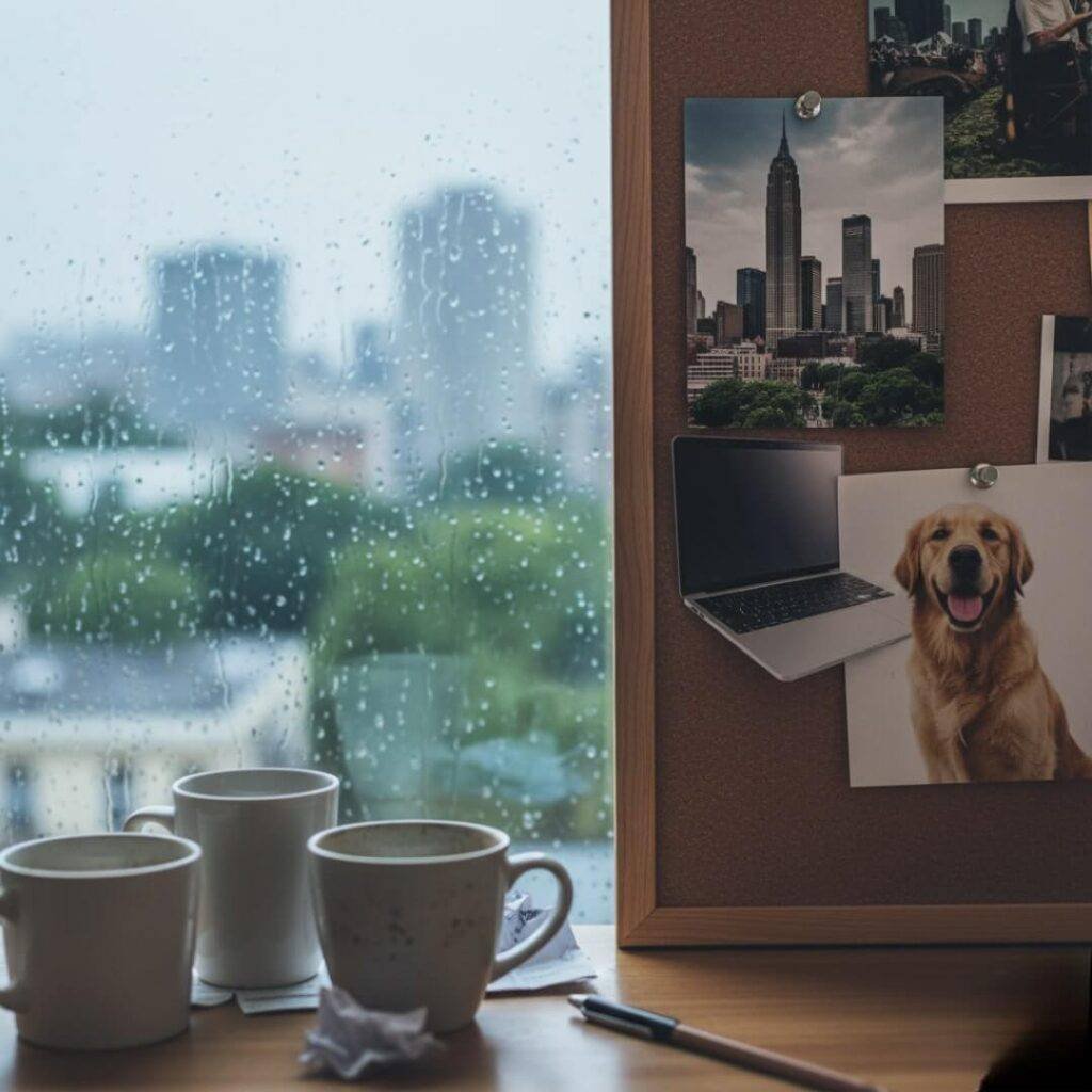 A corkboard vision board with magazine clippings (city skyline, laptop, dog) on a cluttered desk with empty coffee mugs, against a rainy Seattle window.